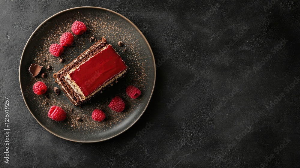 Poster chocolate dessert with raspberry and chocolate garnish on a dark plate with textured background and 