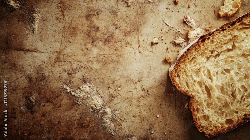 Poster sliced bread on a rustic wooden surface with crumbs and texture copy space
