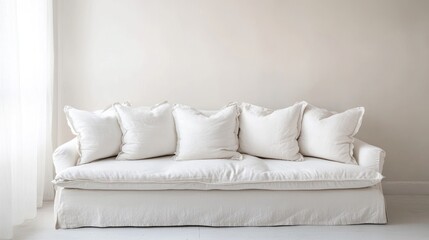 Cozy white sofa adorned with plush cushions set against a minimalist empty wall for a serene and elegant living space aesthetic