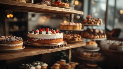 Display of assorted baked goods and desserts on wooden shelves in a cozy bakery setting with copy space for text.