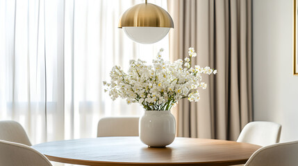 White flowers in a vase on a round wooden dining table, set against a backdrop of sheer curtains and neutral-toned drapes.  Natural light floods the room.