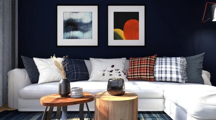 Cozy living room interior with white sofa colorful cushions stylish coffee tables and dark blue wall featuring modern artwork