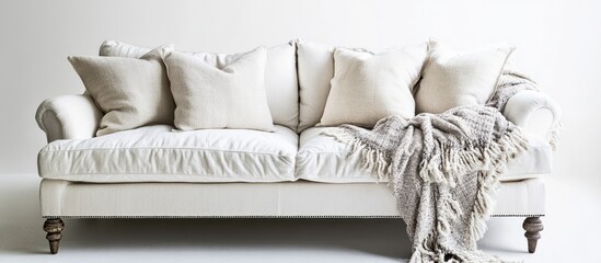Elegant white sofa adorned with soft beige cushions and a cozy gray blanket arranged in a bright minimalist interior with ample empty space for text.