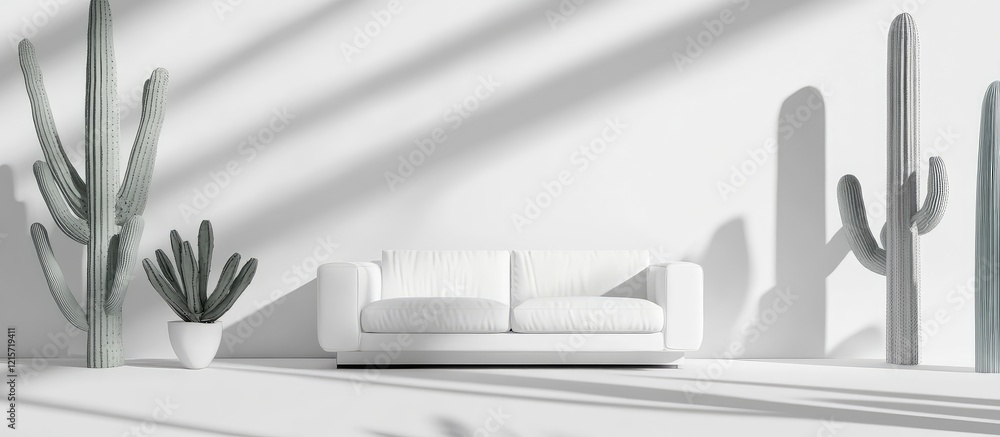 Aufkleber modern minimalist living room featuring a stylish white sofa with cacti decor in a bright open space