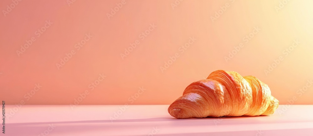 Poster single freshly baked croissant on a light pink surface with soft gradient background and copy space 