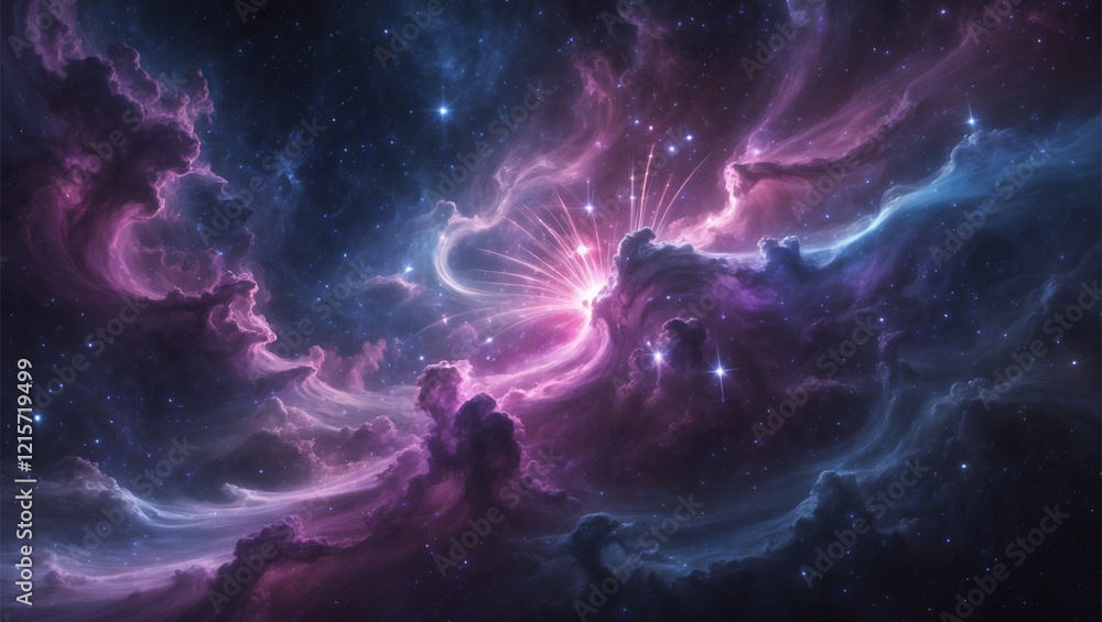 Poster celestial nebula clouds with a starburst light in deep space scene