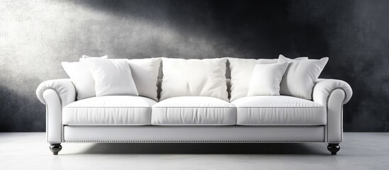 Elegant White Sofa in Minimalist Modern Interior with Neutral Gray Walls and Bright Natural Light Creating Blank Space for Text