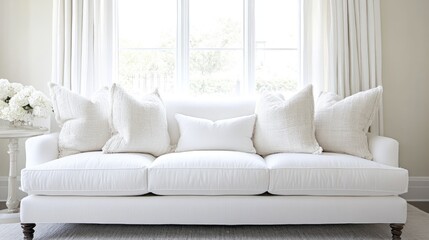 Elegant white sofa adorned with plush pillows in a sunlit modern living room featuring soft curtains and a serene ambiance.