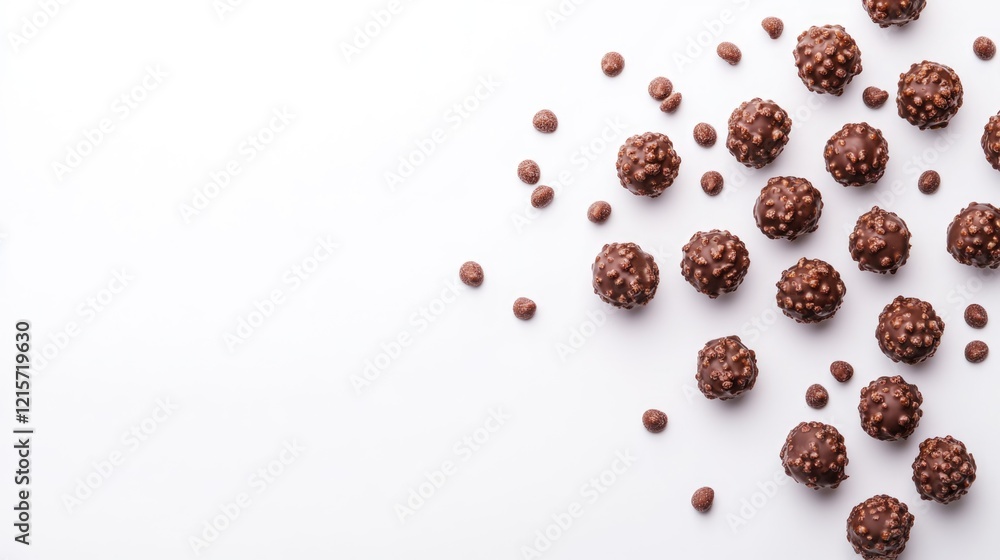 Poster chocolate round candies with nut toppings scattered on a white surface with copy space for text.