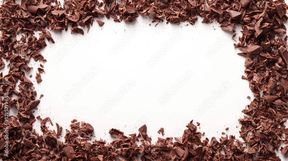 Poster chocolate shavings frame on white background with copy space for text or design use