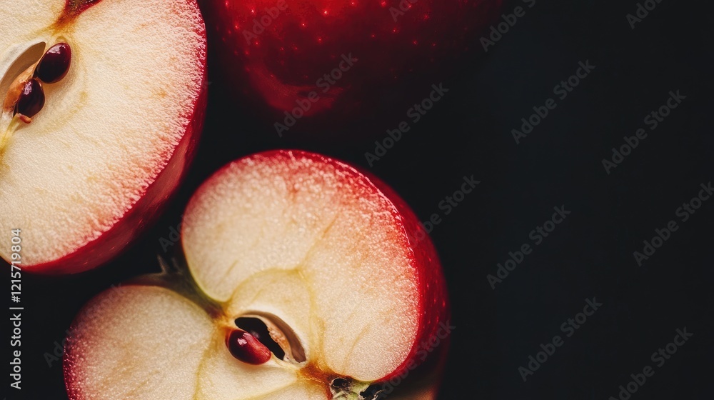 Poster red apples sliced in half on a dark background with visible seeds and texture copy space