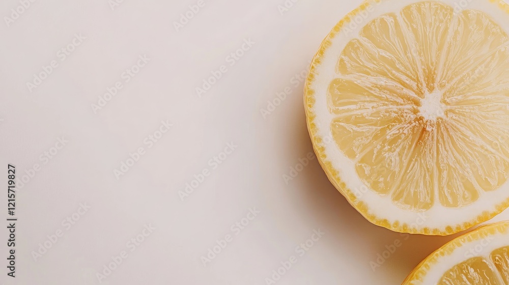 Poster freshly cut lemon halves on a light background with copy space for text placement. bright colors and