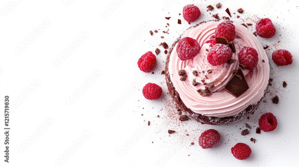 Poster chocolate cake with raspberry frosting topped with fresh raspberries and chocolate shavings on a whi