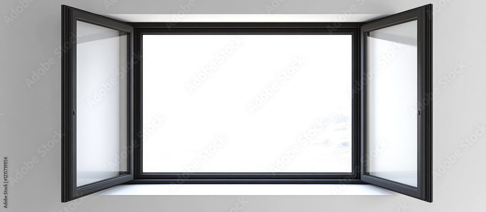 Poster modern minimalistic open window with black frame and white background, copy space for design use.