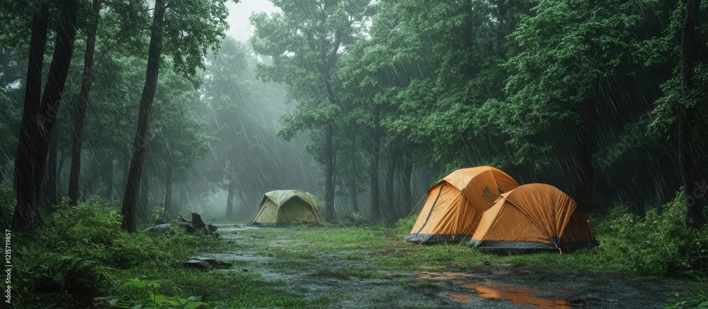 Poster tents in a misty forest setting with lush green trees and wet ground featuring copy space for text