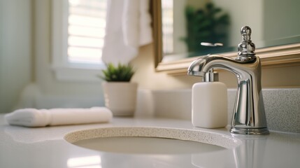 Elegant Bathroom Sink with White Soap Dispenser and Modern Faucet in Soft Natural Light