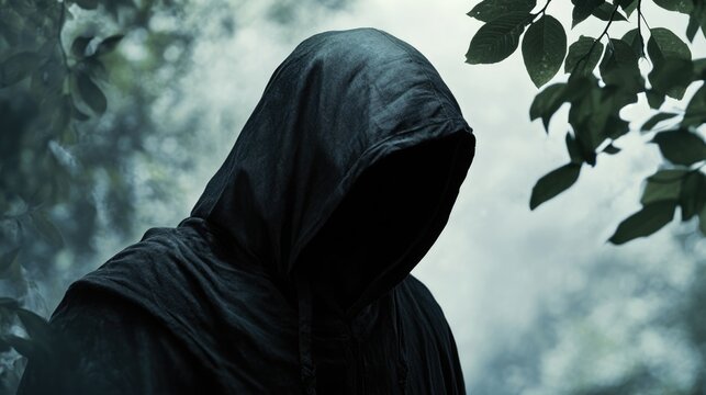 Mysterious hooded figure in dark cloak standing in foggy forest with foliage surrounding the silhouette Copy Space - Powered by Adobe