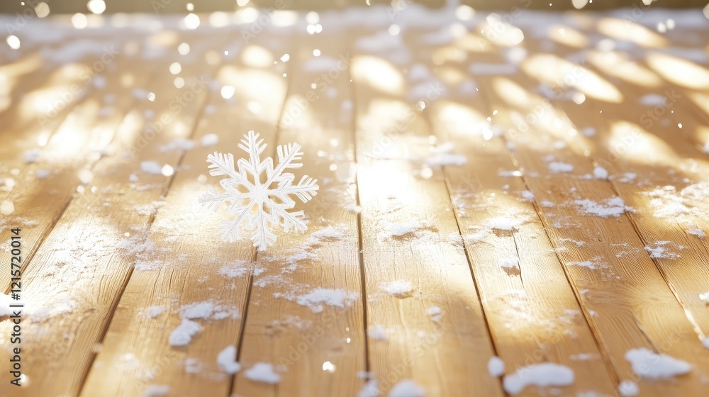 Poster snowflake resting on wooden floor with winter sunlight creating a serene atmosphere and gentle snowf