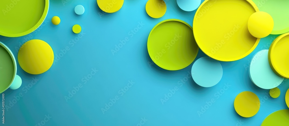 Poster colorful circular shapes on a vibrant blue background with ample copy space for text placement