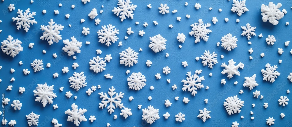 Poster delicate white snowflakes scattered on vibrant blue background texture with ample blank space for cu