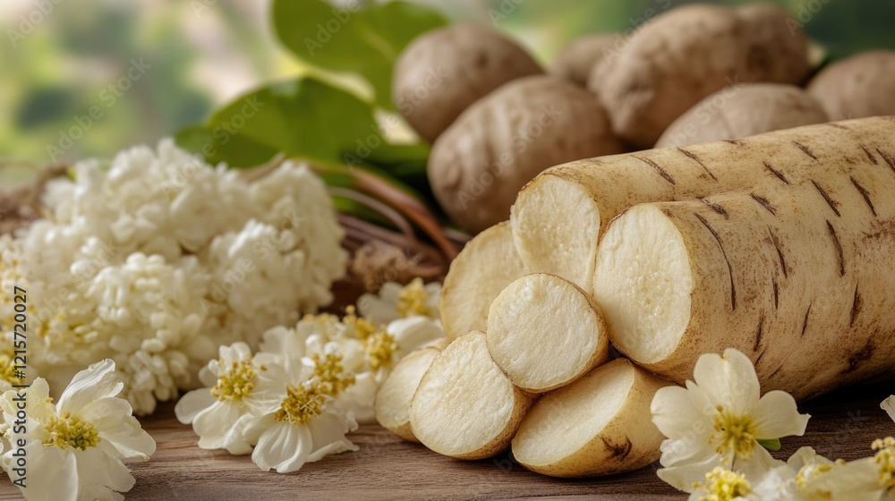 Aufkleber fresh sliced parsnip with white flowers on wooden surface and blurred background of potatoes and gre