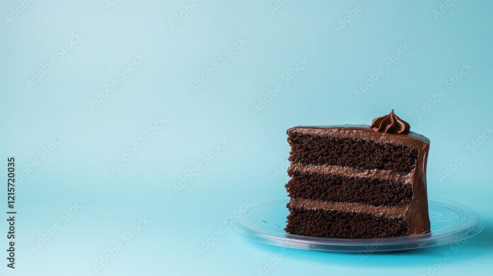 Aufkleber chocolate cake slice on a clear plate against a turquoise background with copy space for text placem
