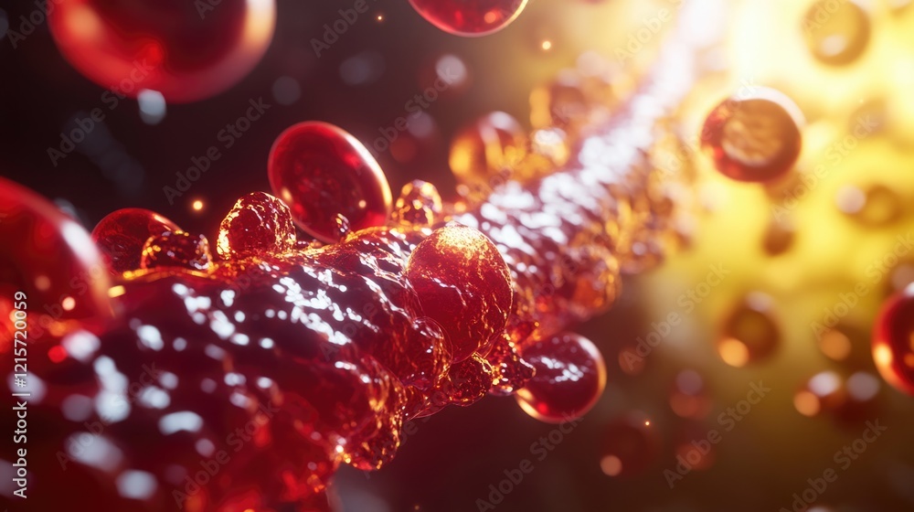 Poster abstract close-up of flowing red liquid with bubbles resembling blood and a glowing background, copy