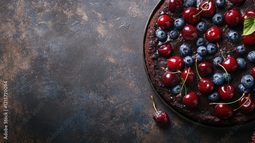 Poster chocolate cake topped with fresh cherries and blueberries on a rustic dark background with copy spac