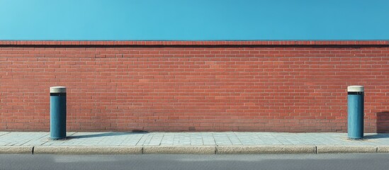 Urban scene featuring red brick wall with blue bollards on a paved sidewalk under a clear blue sky with Copy Space for text placement