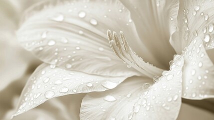 Close-up of white flower petals with water droplets and soft background, high detail and texture, Copy Space available.