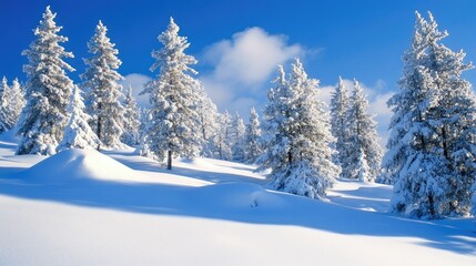 Fototapeta premium Winter Wonderland Scenic View of Snow-Covered Coniferous Trees Under Bright Blue Sky