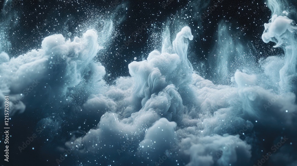 Poster abstract black background with white smoke and dust particles creating a mystical atmospheric effect