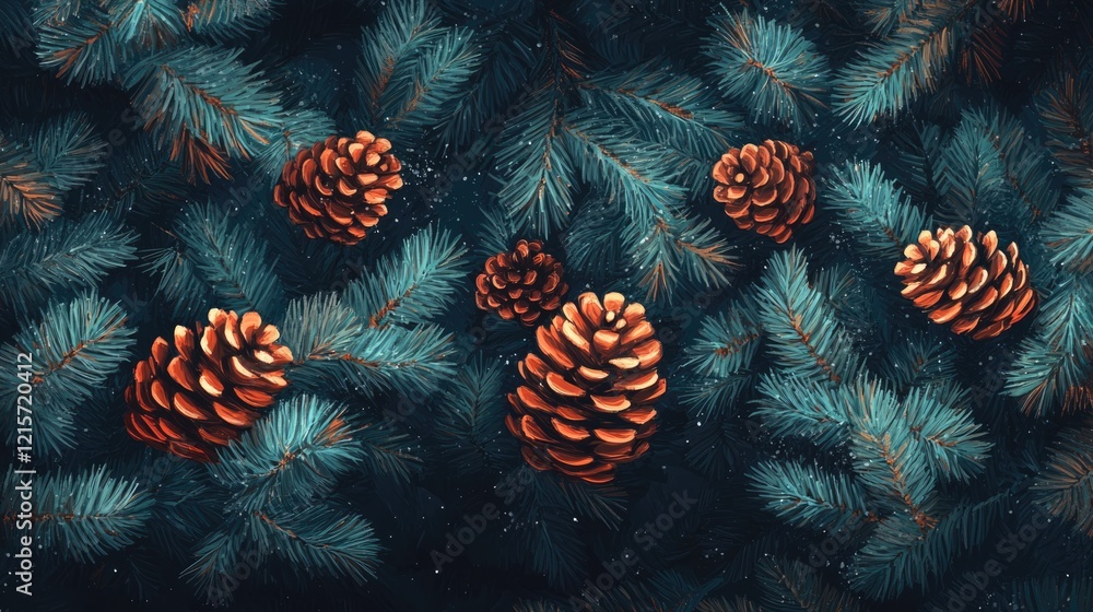 Aufkleber pine cones on evergreen branches with dark background and copy space for text placement