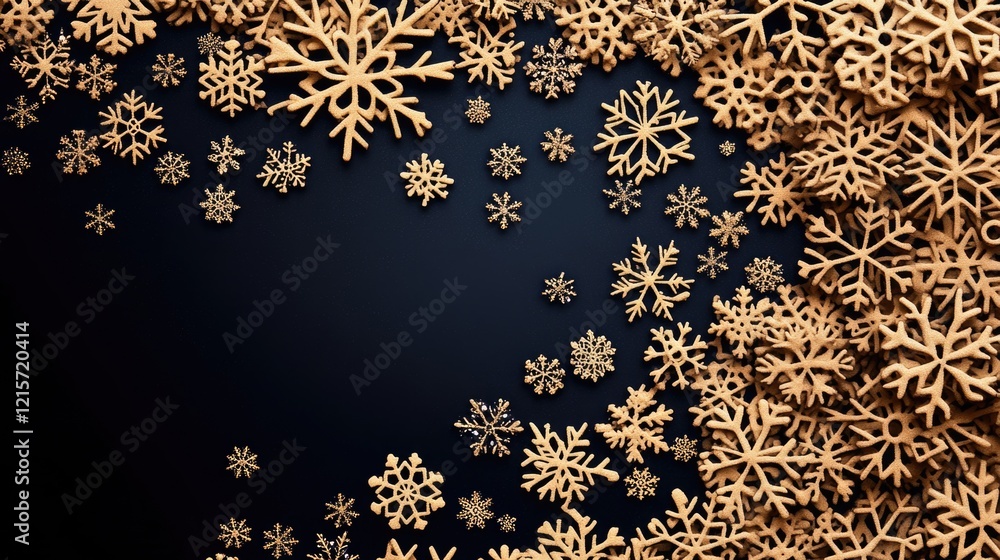 Poster golden snowflakes on a dark black background with ample copy space for text or graphics.