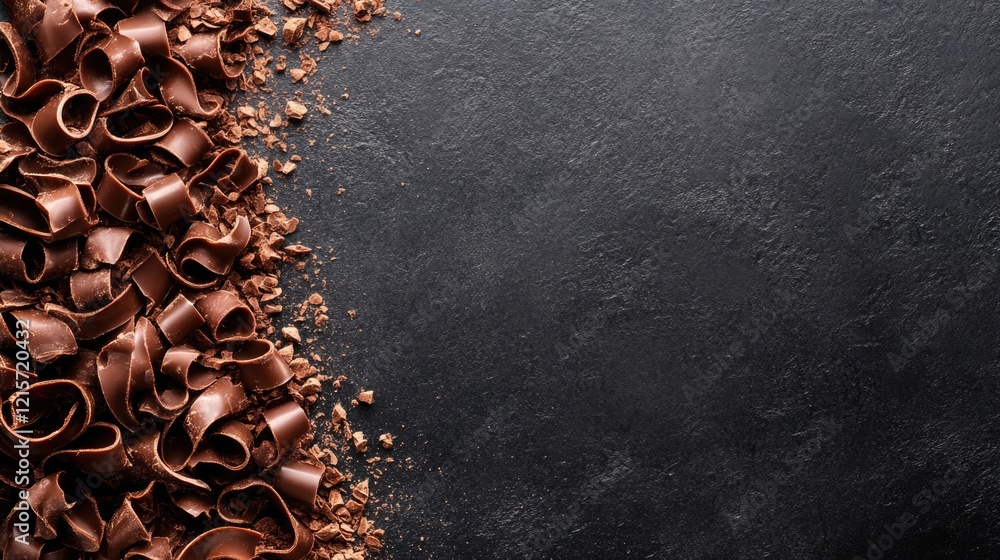 Poster chocolate shavings and crumbs on dark textured background with copy space for text placement