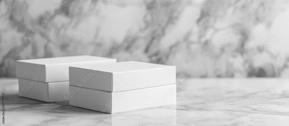 Poster white minimalist cartons on gray marble table in modern storage style with ample negative space for 
