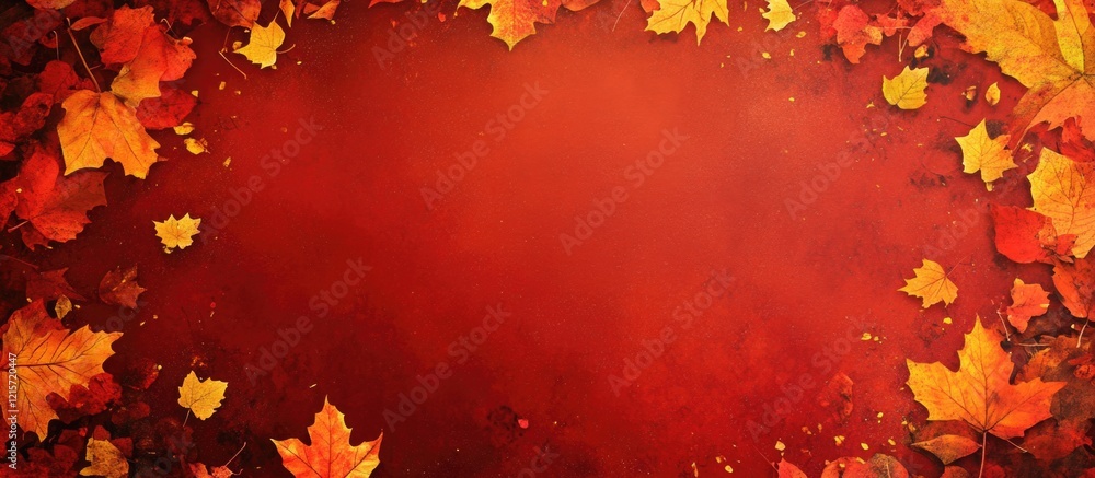 Poster autumn leaves border on a textured red background with copy space for text insertion