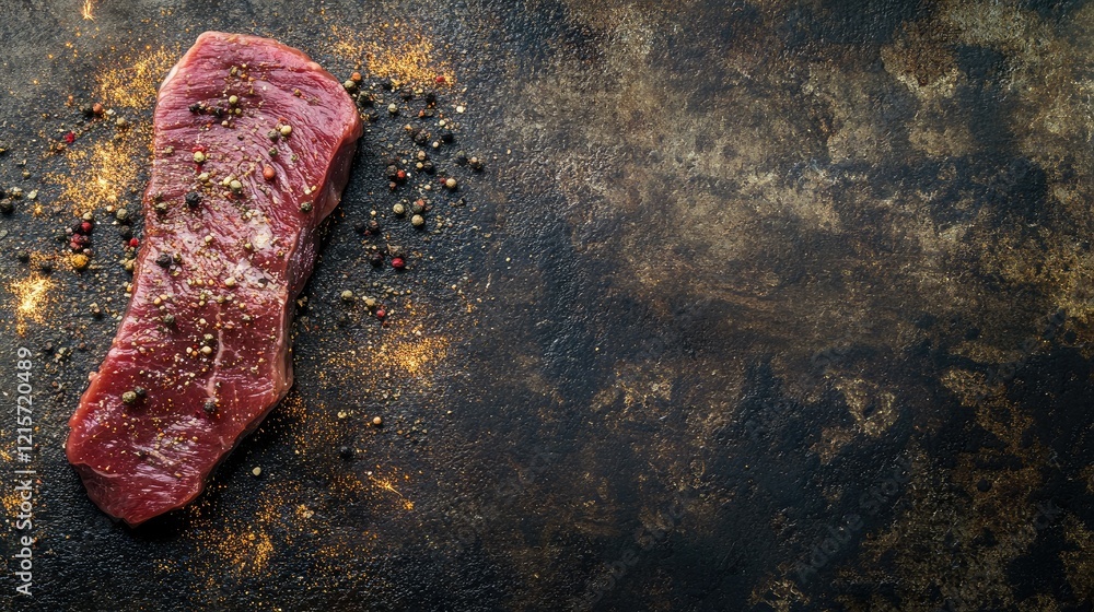 Poster raw beef steak with spices on a textured dark surface with copy space for text placement