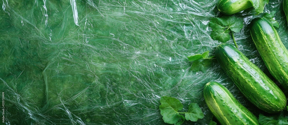 Poster fresh cucumbers with green leaves over textured surface with copy space for text