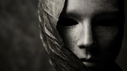 Close-up of a faceless mannequin shrouded in fabric with dark empty eye sockets and textured background Copy Space