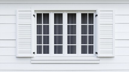 Fototapeta premium White Sliding Shutter Window with Open Shutters and Curtains on a White Wall Exterior for Home Design and Decoration