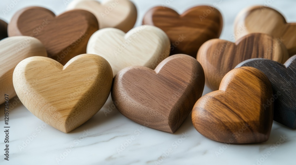 Poster collection of wooden heart-shaped objects in various wood tones arranged on a marble surface with co