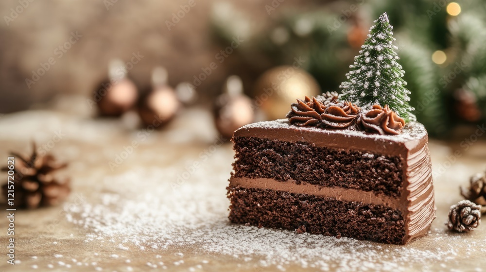 Poster chocolate christmas cake slice with decorative frosting and a small pine tree on top, styled on a fe