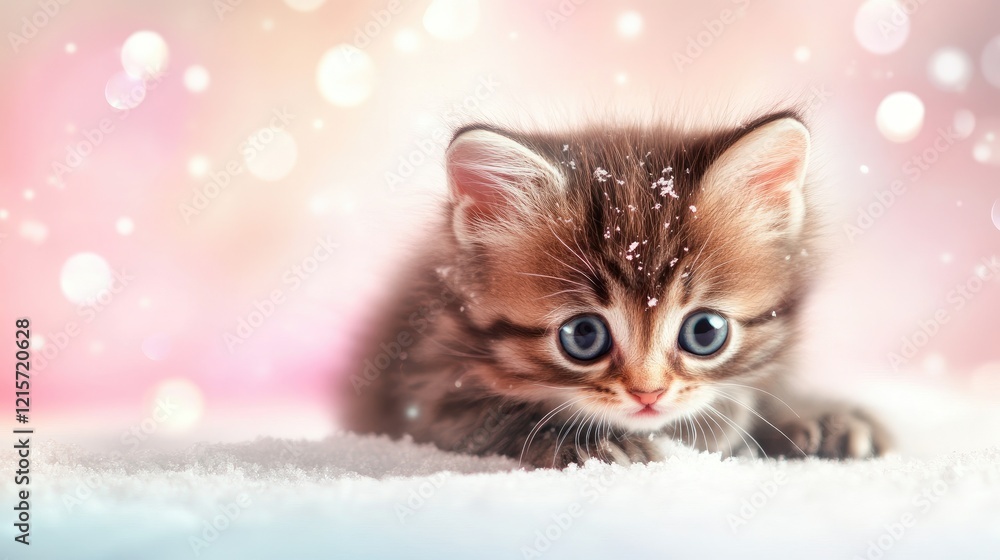 Poster cute fluffy kitten with blue eyes exploring snowy background with soft bokeh effect and copy space f
