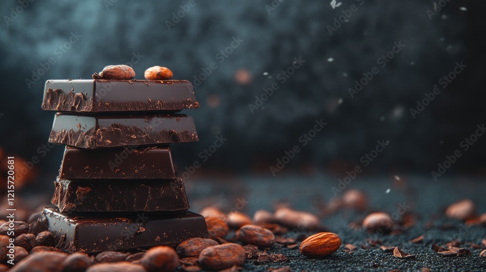 Poster dark chocolate pieces stacked with almonds on a textured surface surrounded by cocoa beans and shavi
