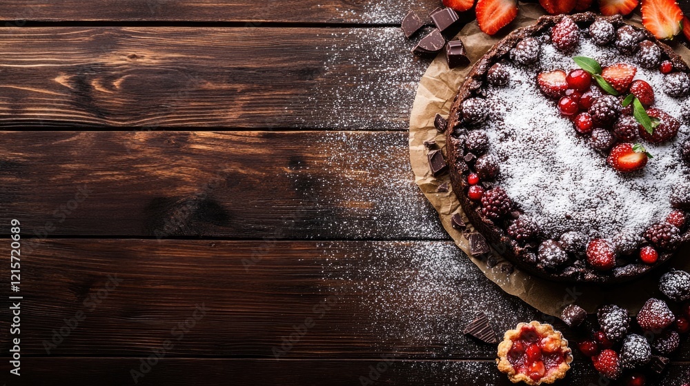 Poster chocolate cake topped with fresh berries and powdered sugar on rustic wooden background with copy sp