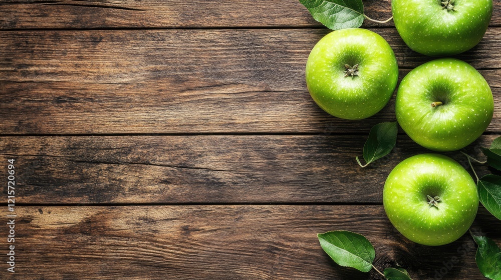 Poster fresh green apples arranged on rustic wooden background with leaves and ample copy space for text.