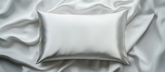 Elegant white silk pillowcase with satin finish on smooth light gray background, featuring ample empty space for text and branding.