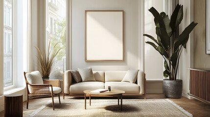 Modern and stylish living room featuring neutral tones and natural lighting.