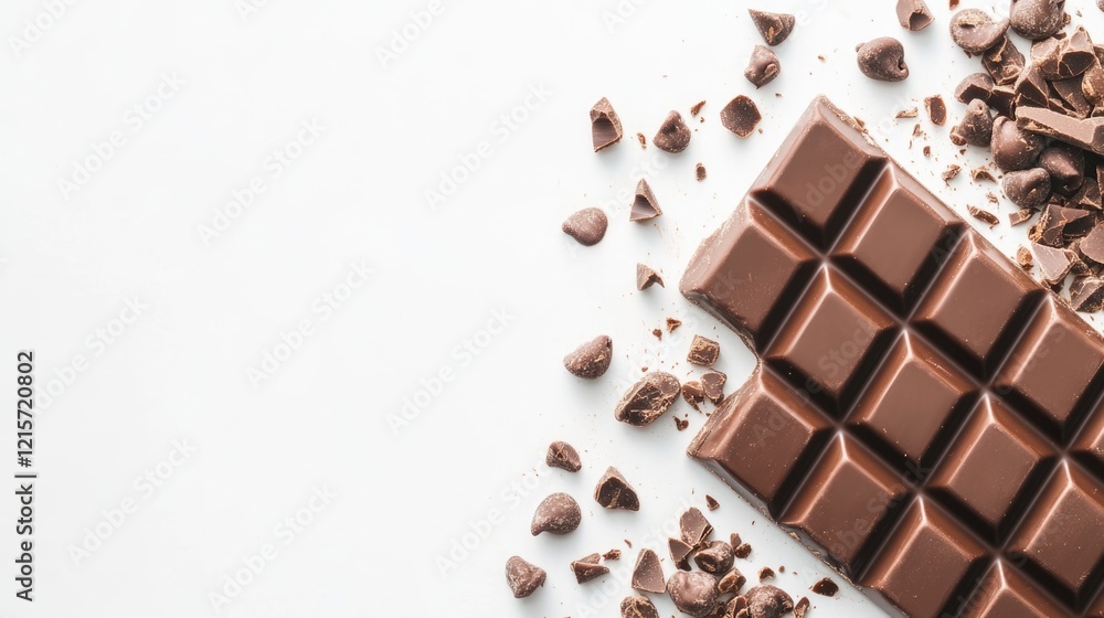 Poster chocolate bar with chunks and shavings on a white background with copy space for text placement